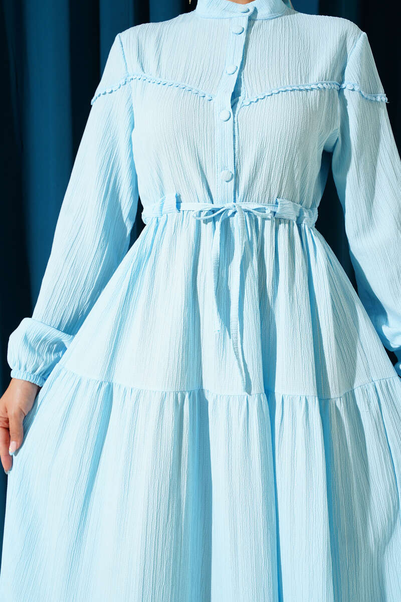 Crinkle Button Dress with Drawstring Waist - Light Blue