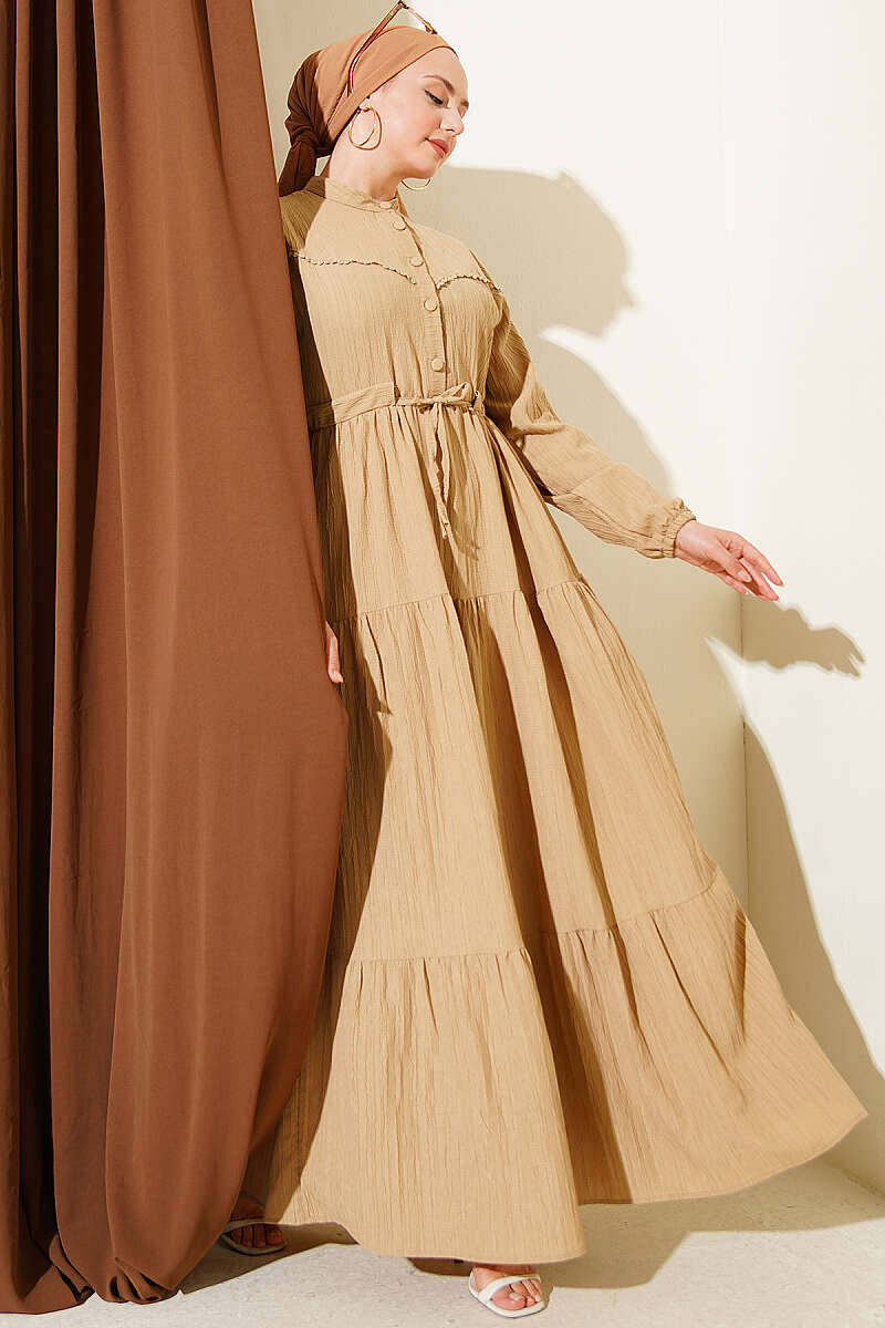 Crinkle Button Dress with Drawstring Waist - Beige