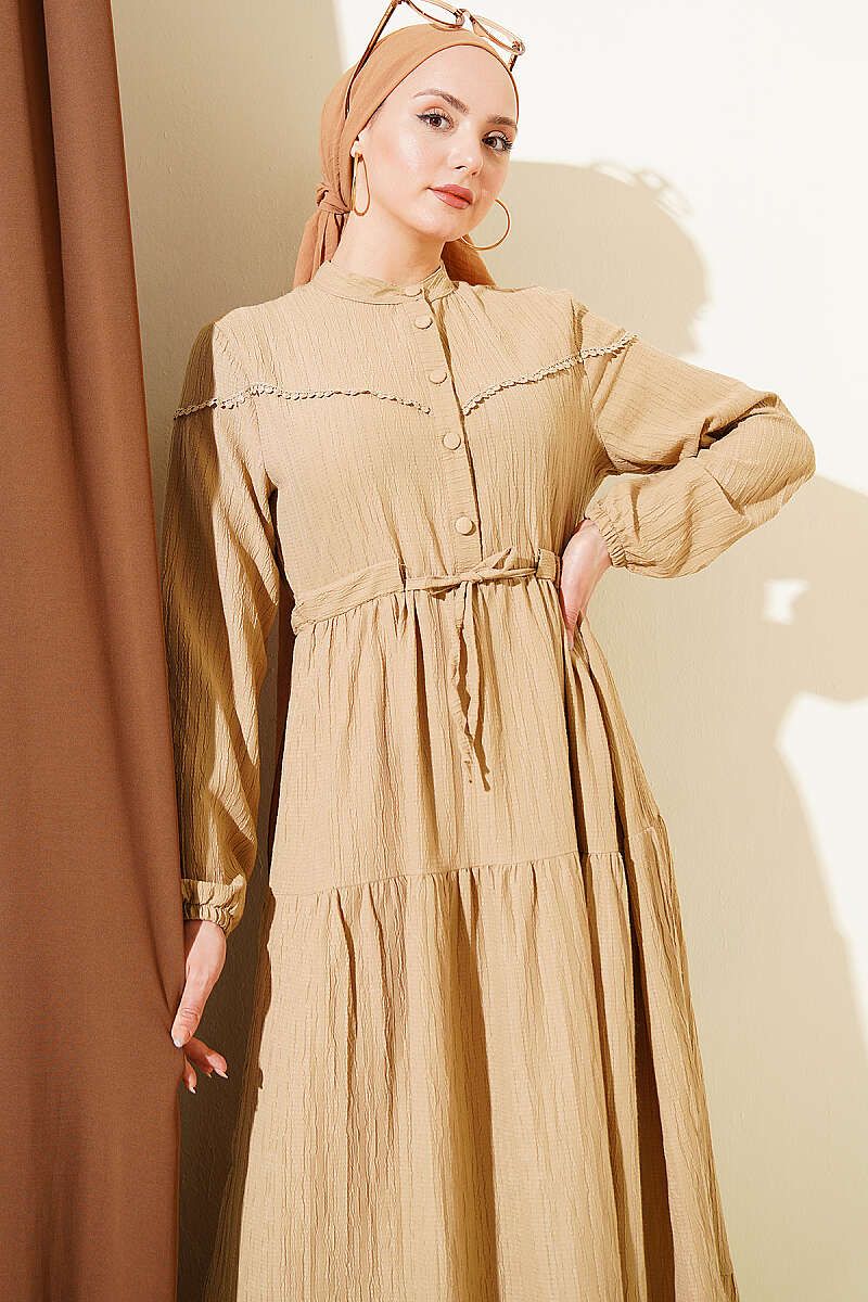 Crinkle Button Dress with Drawstring Waist - Beige