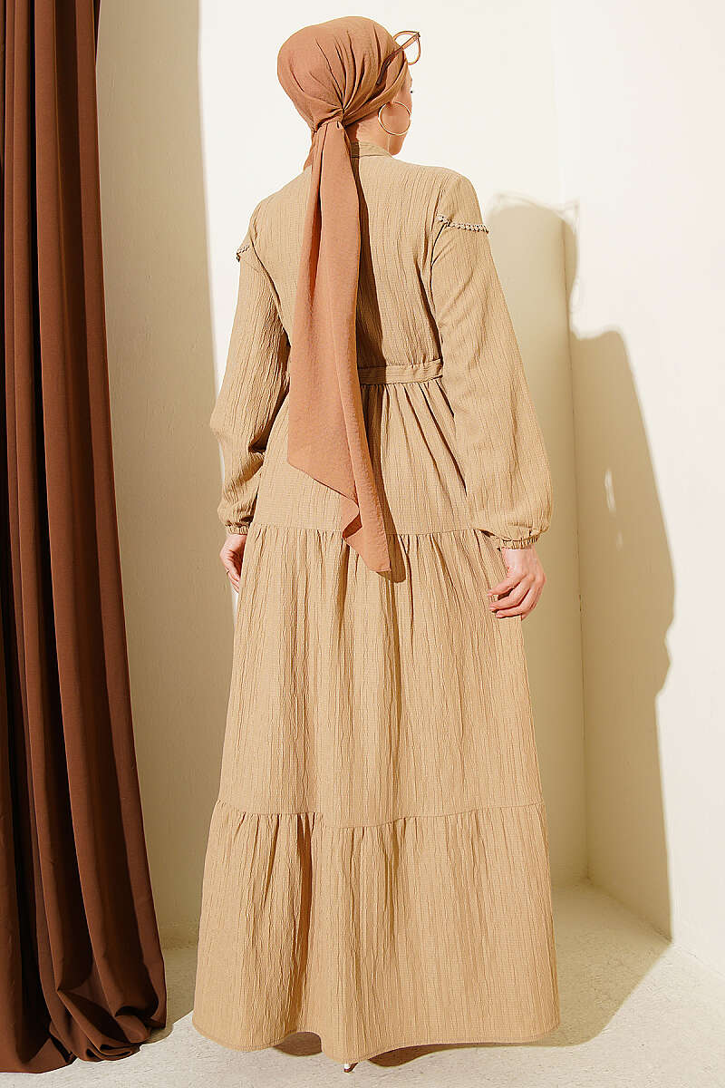 Crinkle Button Dress with Drawstring Waist - Beige