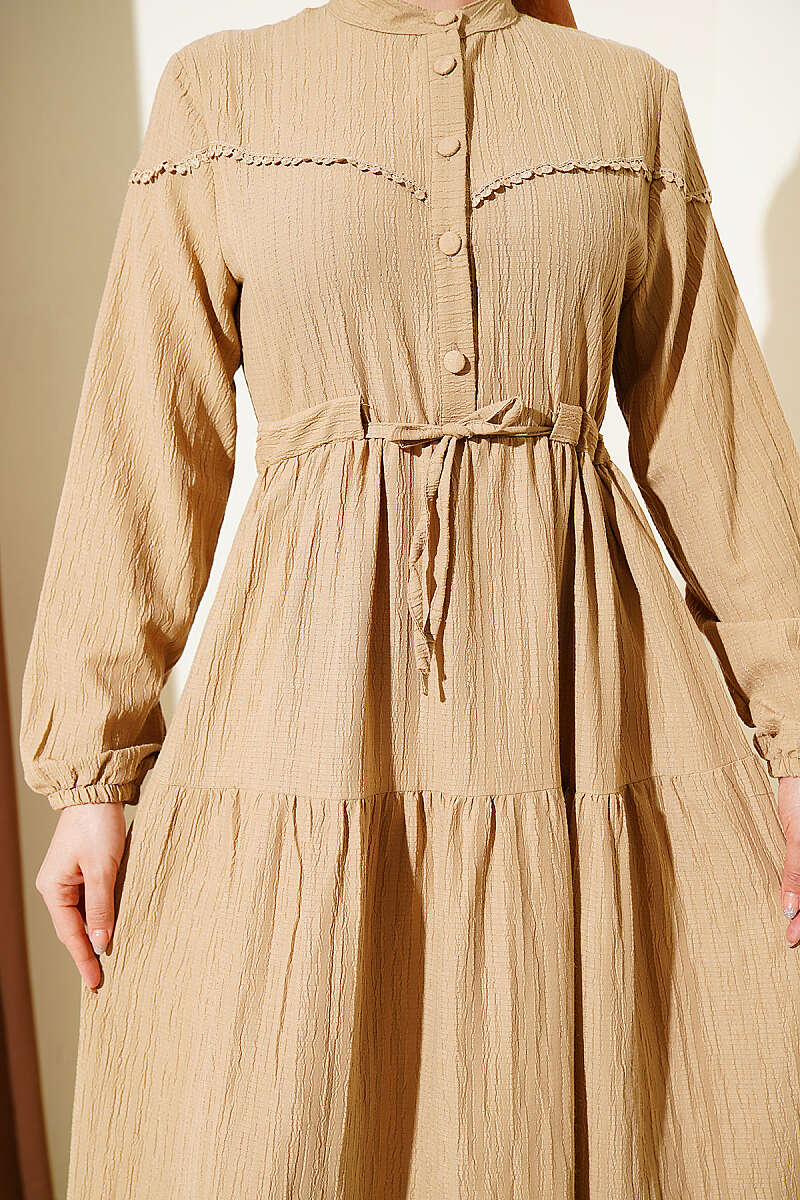 Crinkle Button Dress with Drawstring Waist - Beige