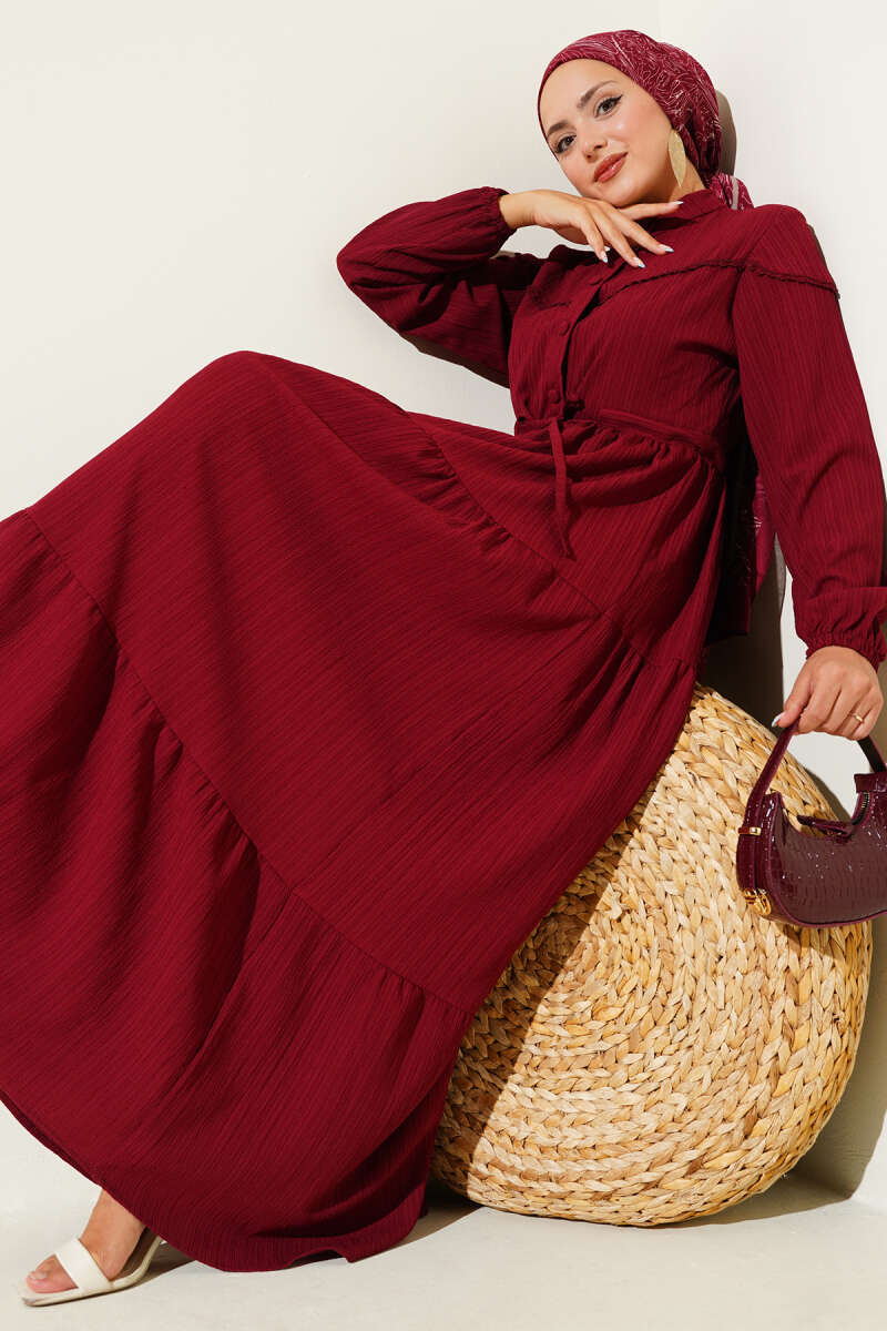 Crinkle Button Dress with Drawstring Waist - Burgundy