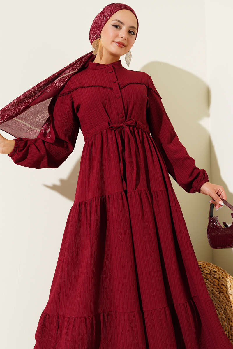 Crinkle Button Dress with Drawstring Waist - Burgundy