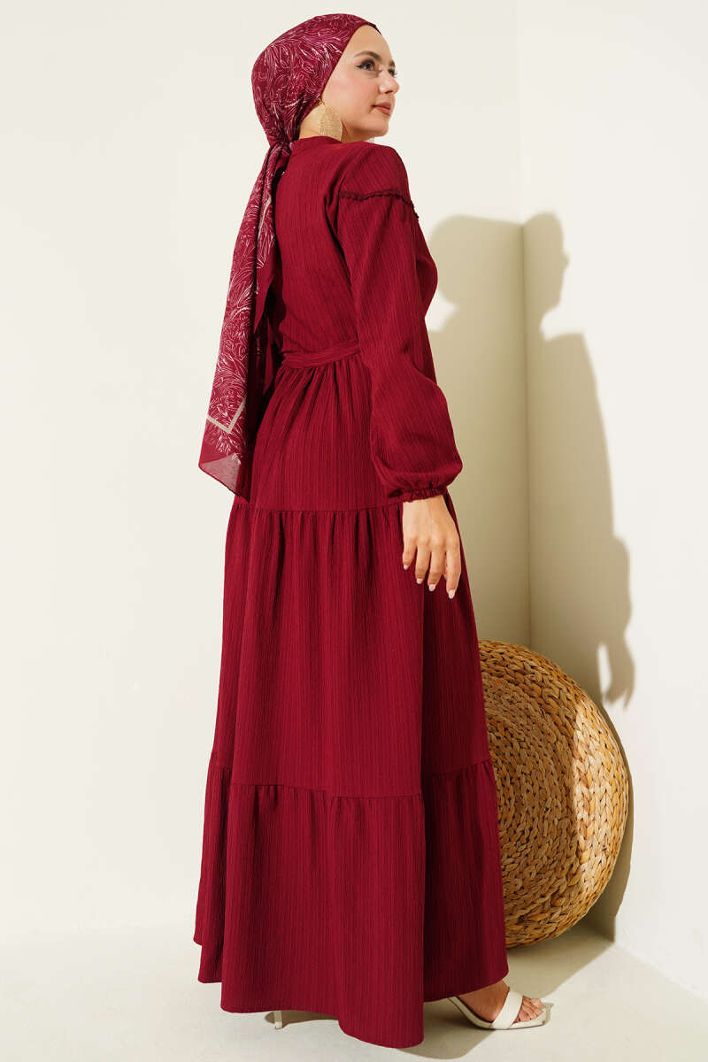 Crinkle Button Dress with Drawstring Waist - Burgundy