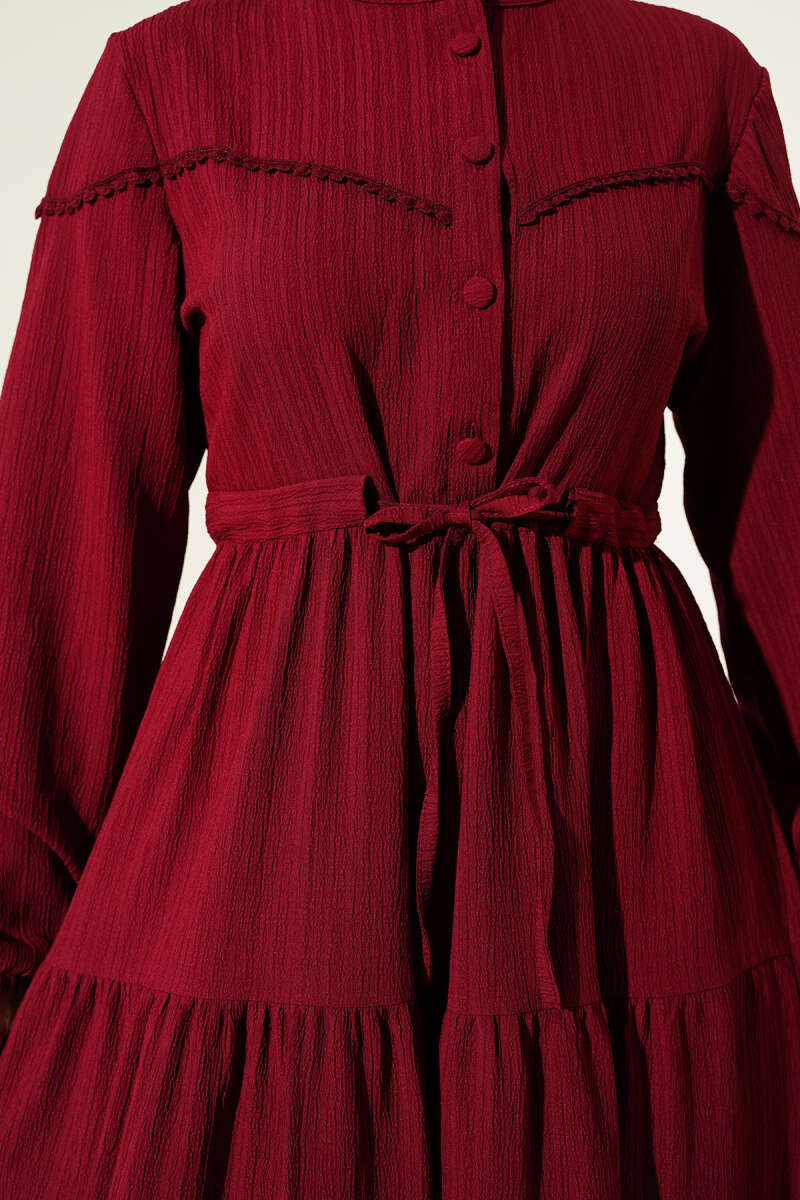 Crinkle Button Dress with Drawstring Waist - Burgundy
