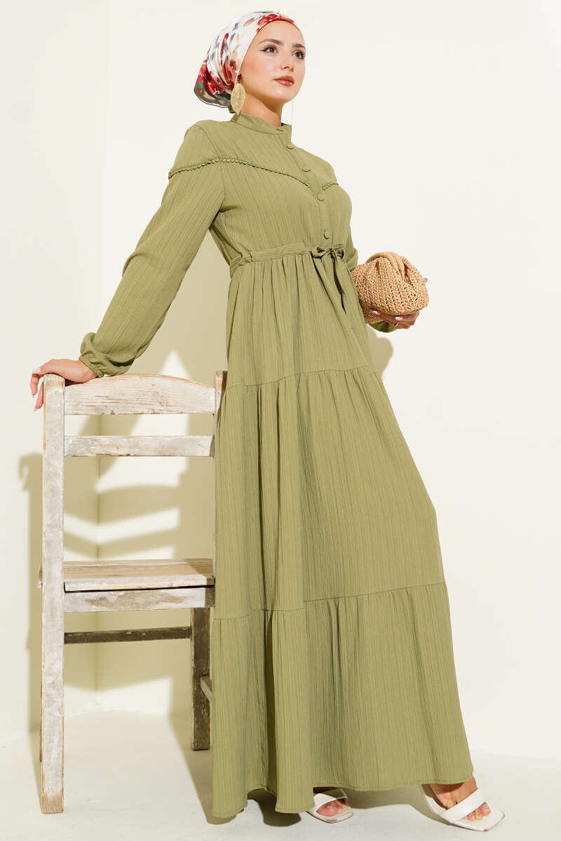 Crinkle Button Dress with Drawstring Waist - Almond Green