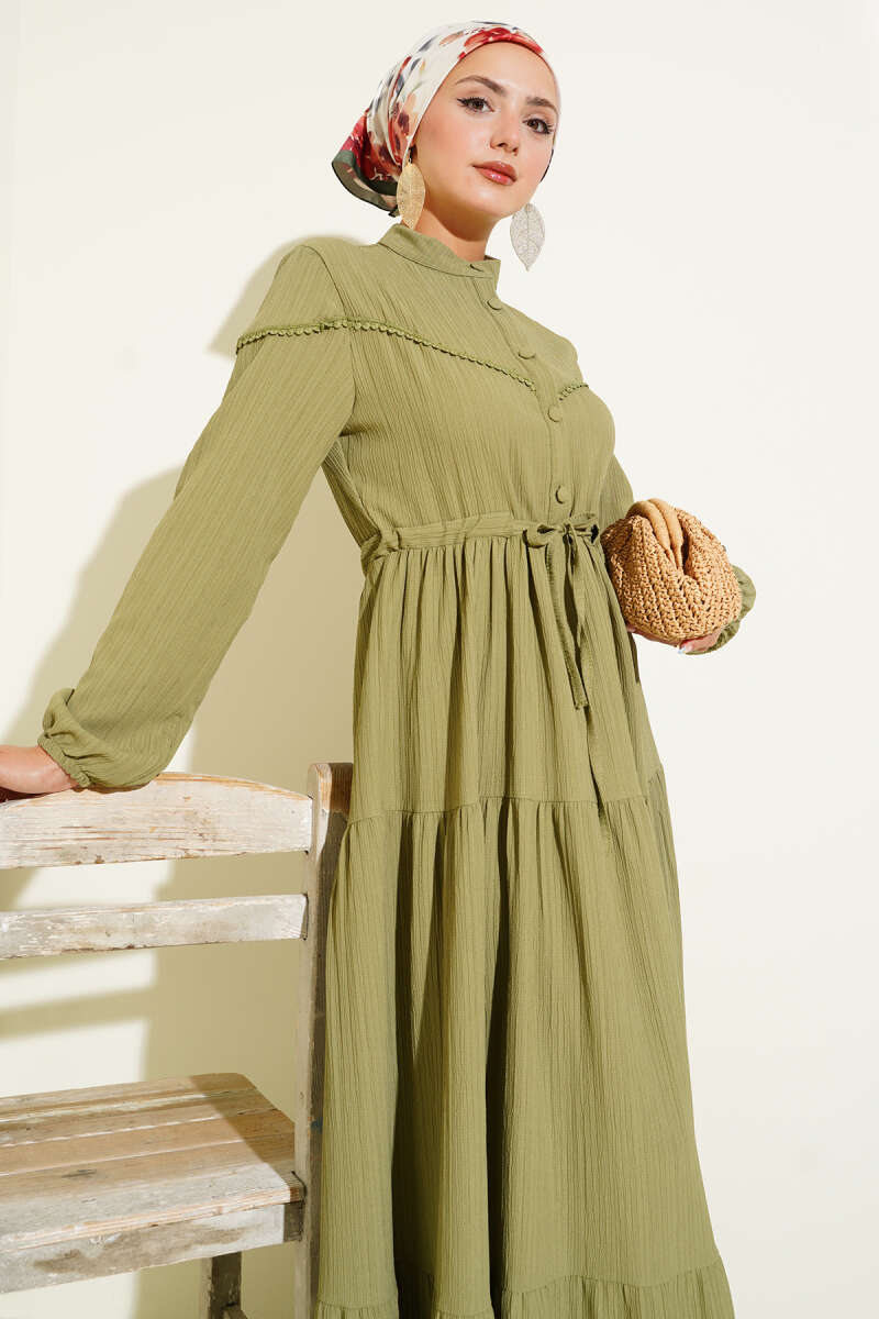 Crinkle Button Dress with Drawstring Waist - Almond Green