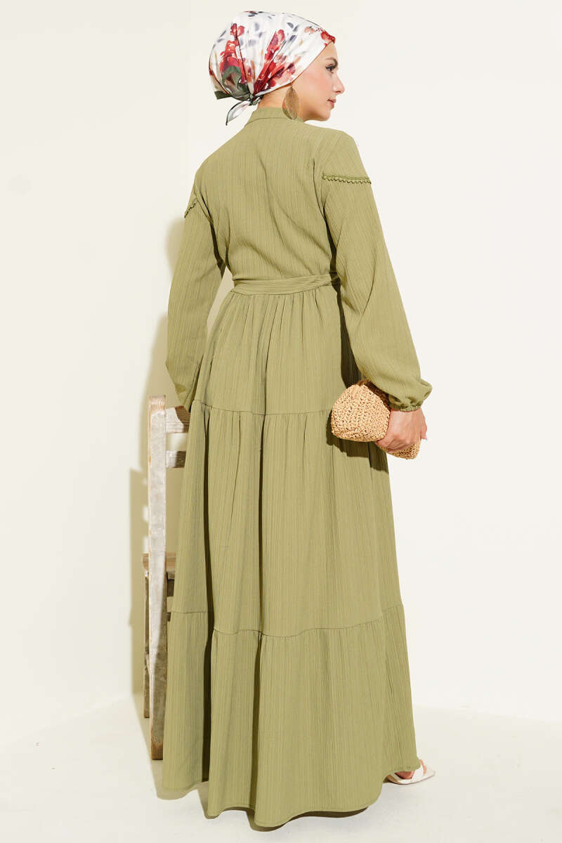 Crinkle Button Dress with Drawstring Waist - Almond Green