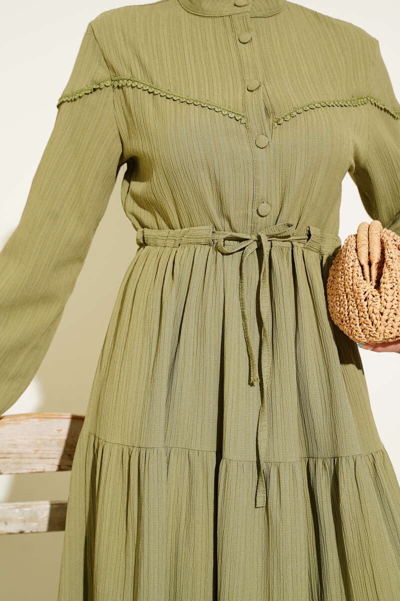 Crinkle Button Dress with Drawstring Waist - Almond Green