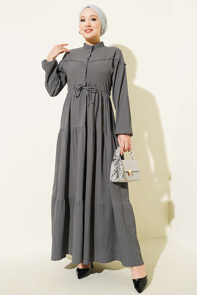 Crinkle Button Dress with Drawstring Waist - Smoke Grey