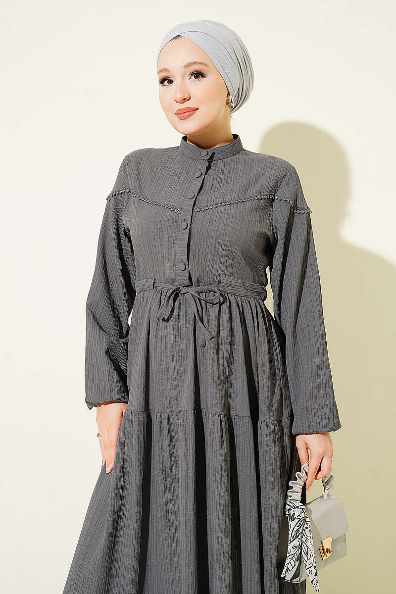 Crinkle Button Dress with Drawstring Waist - Smoke Grey