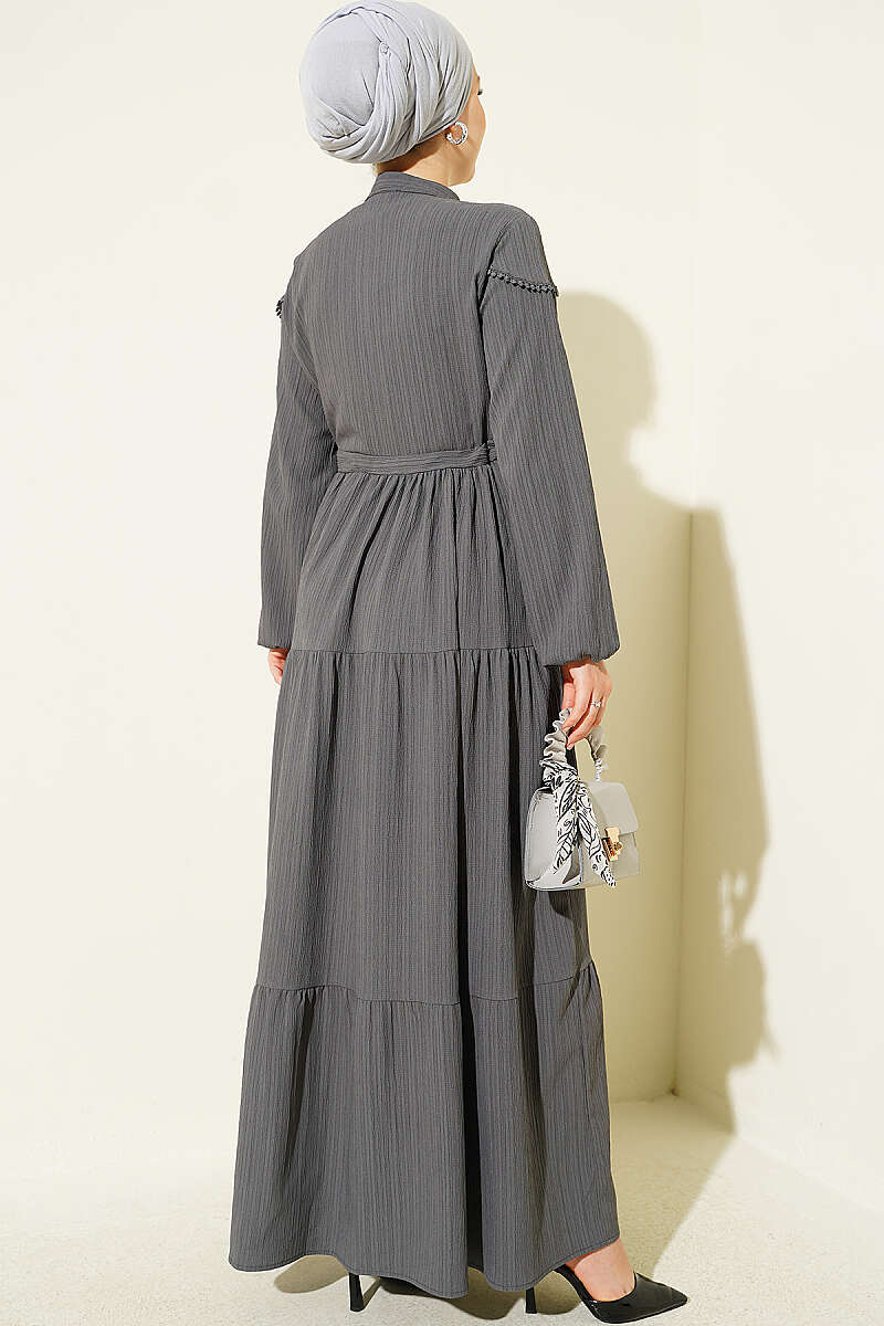 Crinkle Button Dress with Drawstring Waist - Smoke Grey