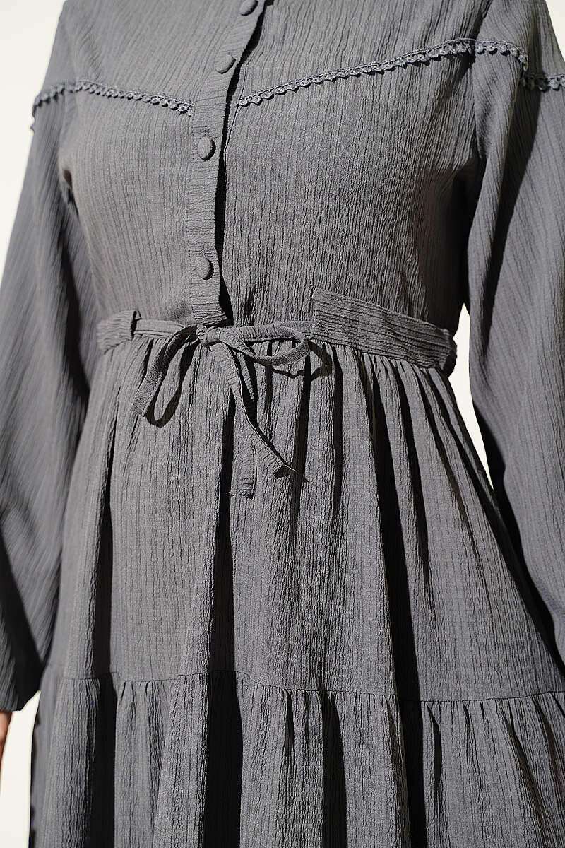 Crinkle Button Dress with Drawstring Waist - Smoke Grey