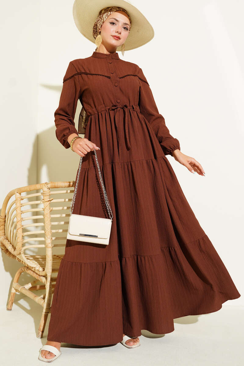 Crinkle Button Dress with Drawstring Waist - Brown