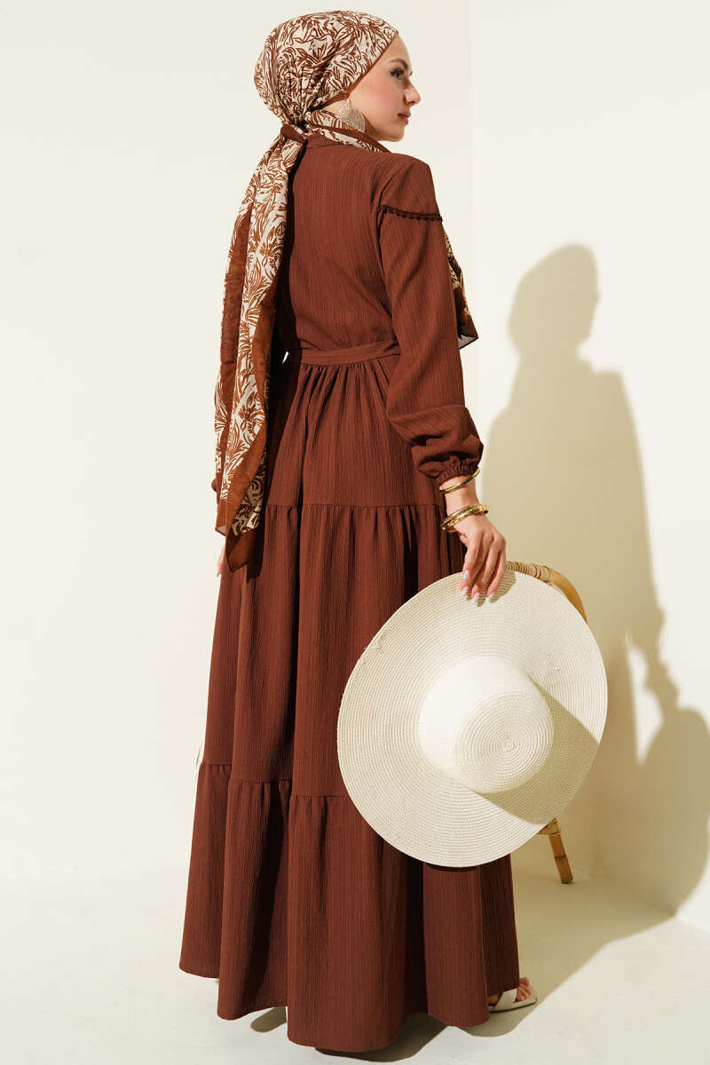 Crinkle Button Dress with Drawstring Waist - Brown