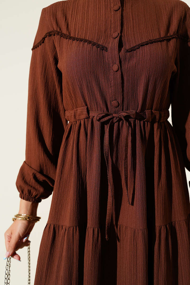 Crinkle Button Dress with Drawstring Waist - Brown
