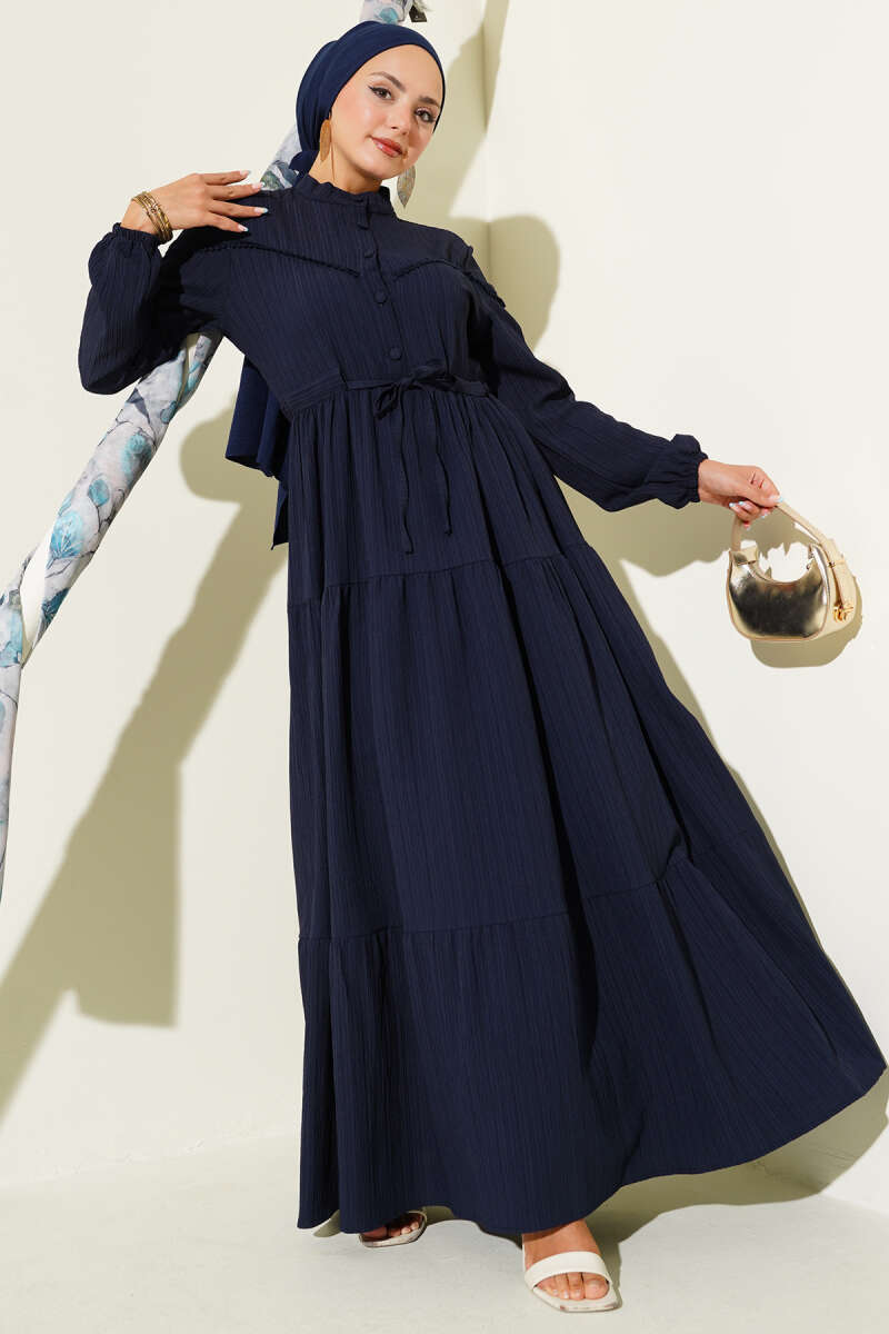 Crinkle Button Dress with Drawstring Waist - Navy