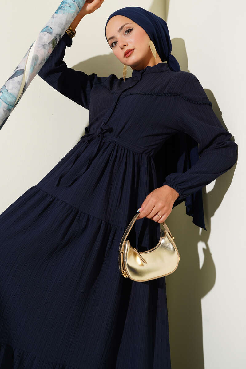 Crinkle Button Dress with Drawstring Waist - Navy