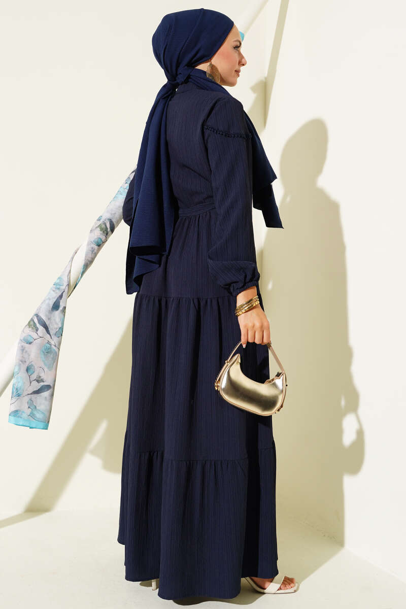 Crinkle Button Dress with Drawstring Waist - Navy