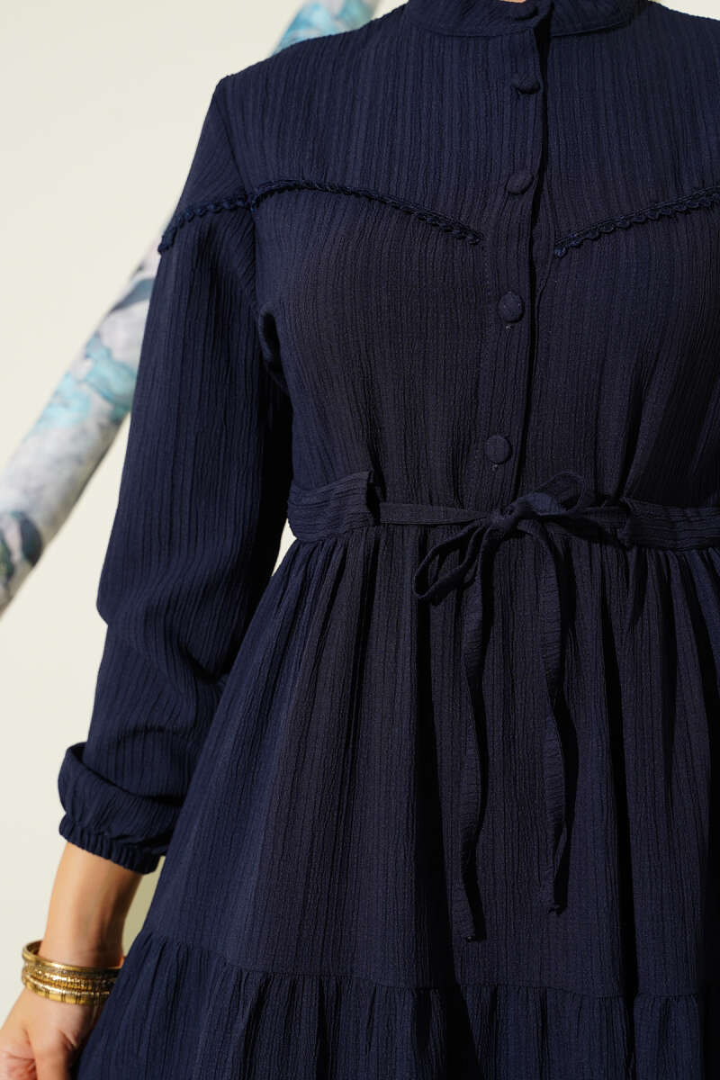 Crinkle Button Dress with Drawstring Waist - Navy