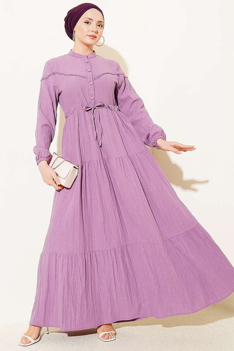 Crinkle Button Dress with Drawstring Waist - Magenta