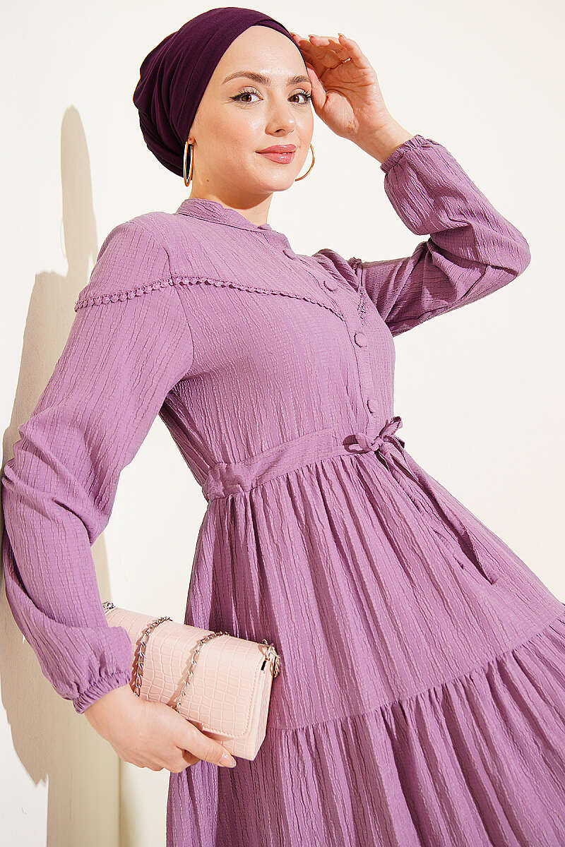 Crinkle Button Dress with Drawstring Waist - Magenta