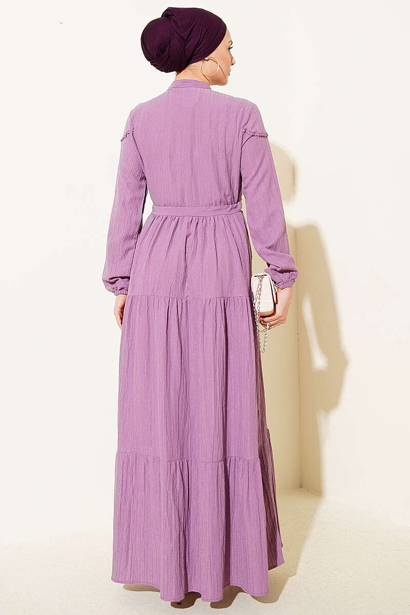 Crinkle Button Dress with Drawstring Waist - Magenta