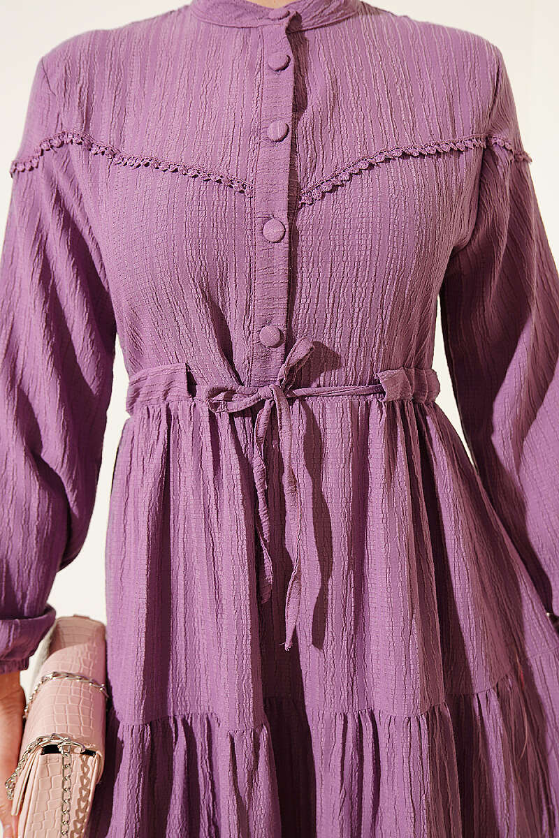 Crinkle Button Dress with Drawstring Waist - Magenta