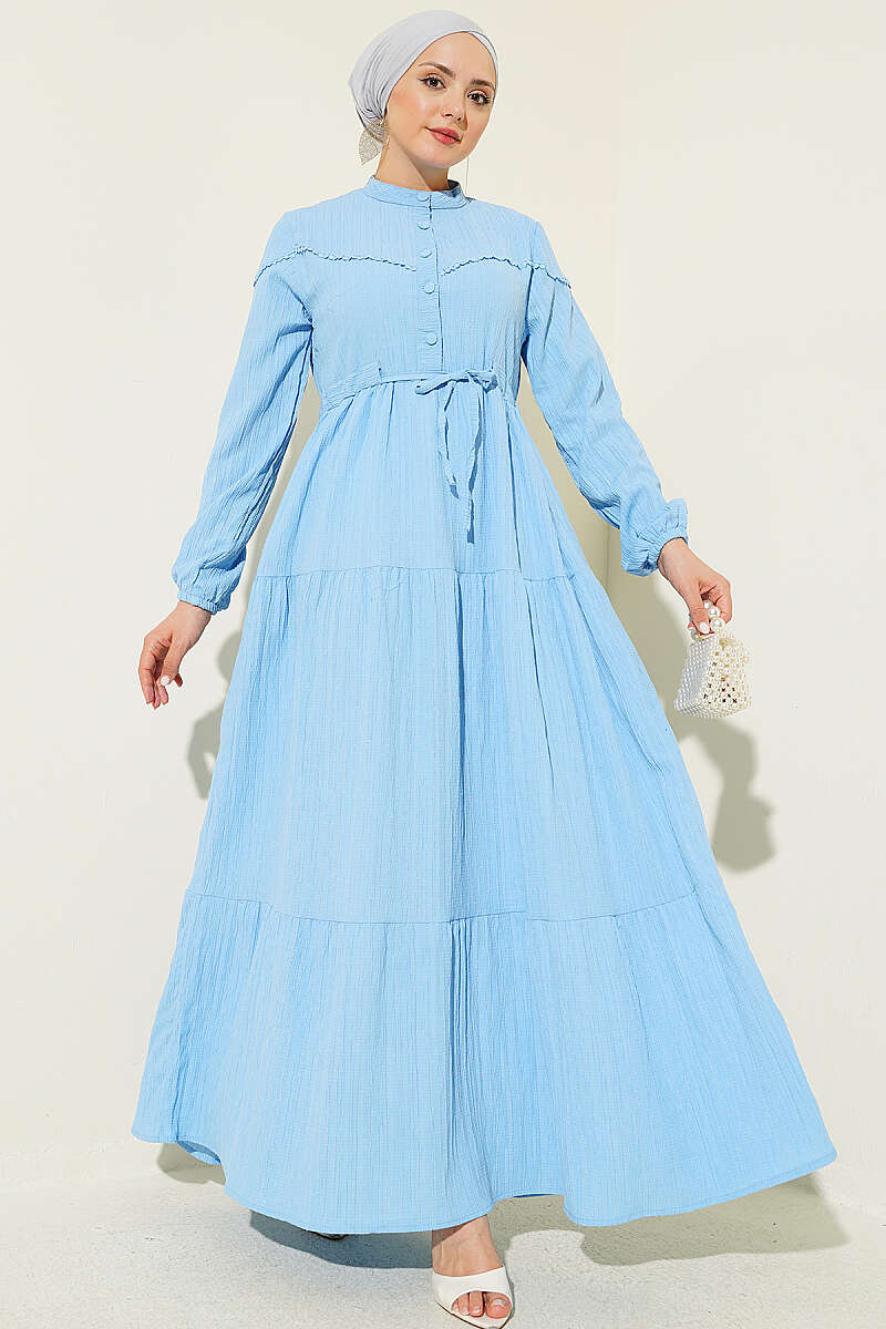 Crinkle Button Dress with Drawstring Waist - Blue