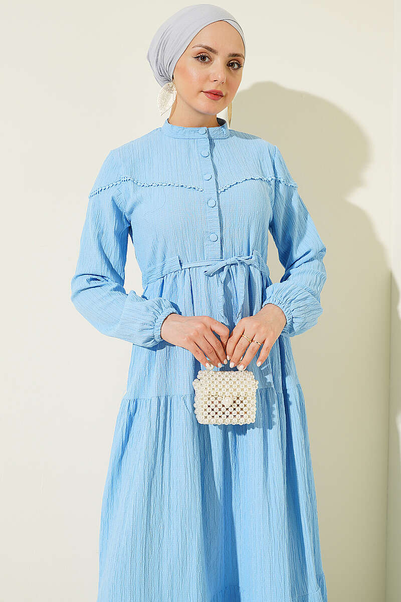Crinkle Button Dress with Drawstring Waist - Blue