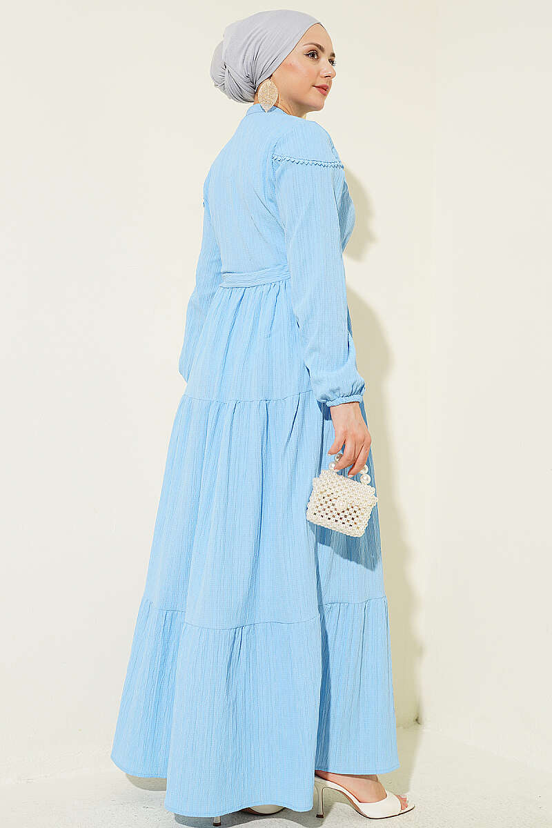 Crinkle Button Dress with Drawstring Waist - Blue