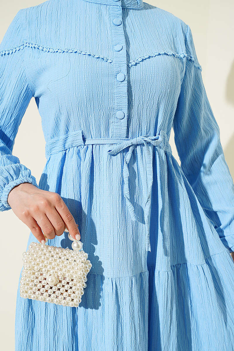 Crinkle Button Dress with Drawstring Waist - Blue