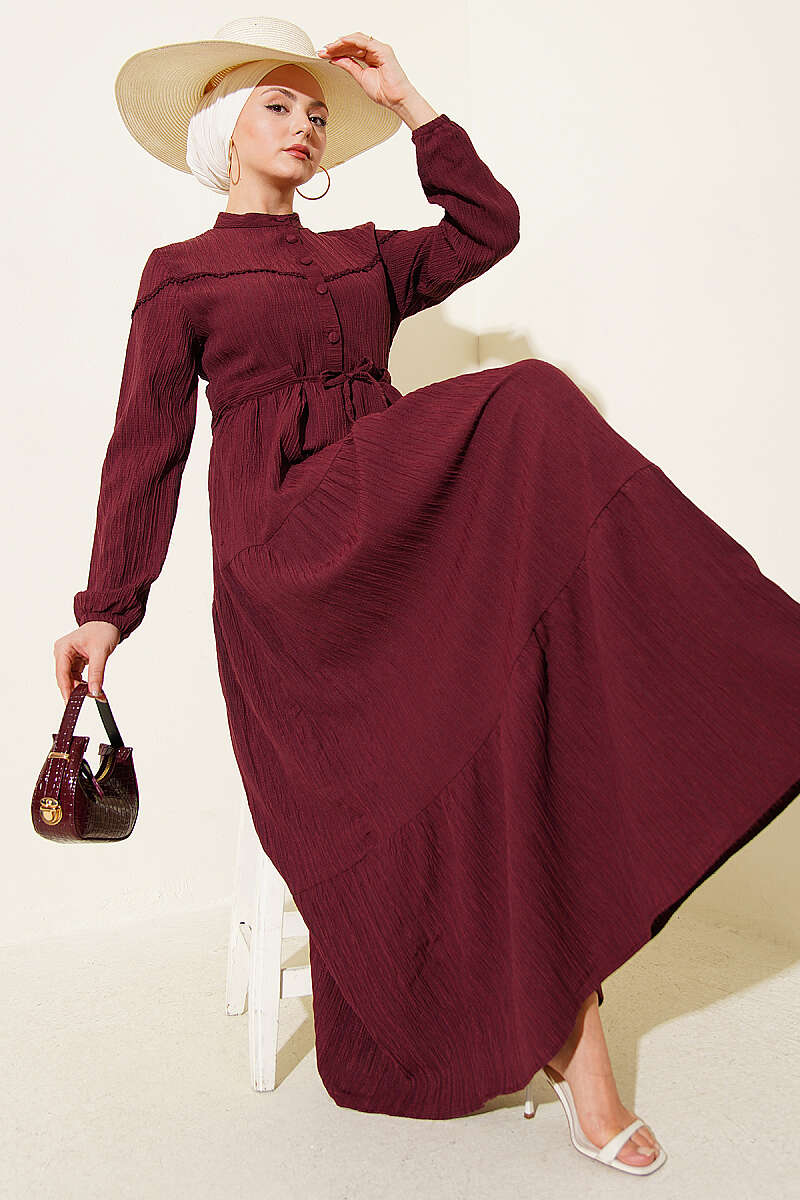 Crinkle Button Dress with Drawstring Waist - Plum