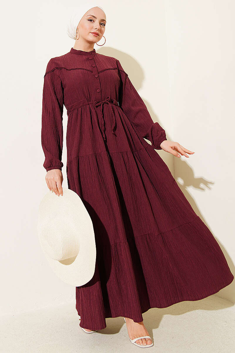 Crinkle Button Dress with Drawstring Waist - Plum