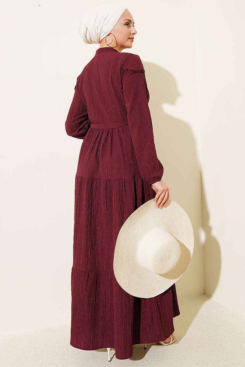 Crinkle Button Dress with Drawstring Waist - Plum