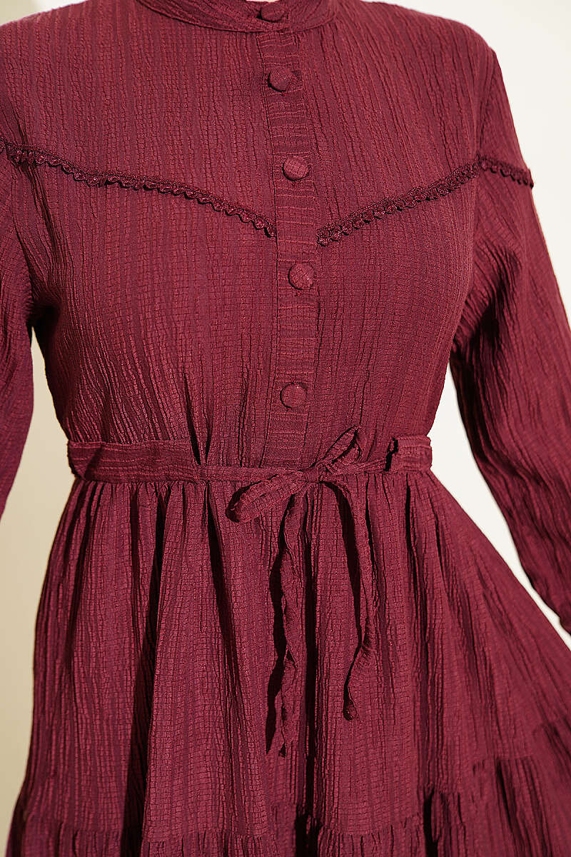 Crinkle Button Dress with Drawstring Waist - Plum