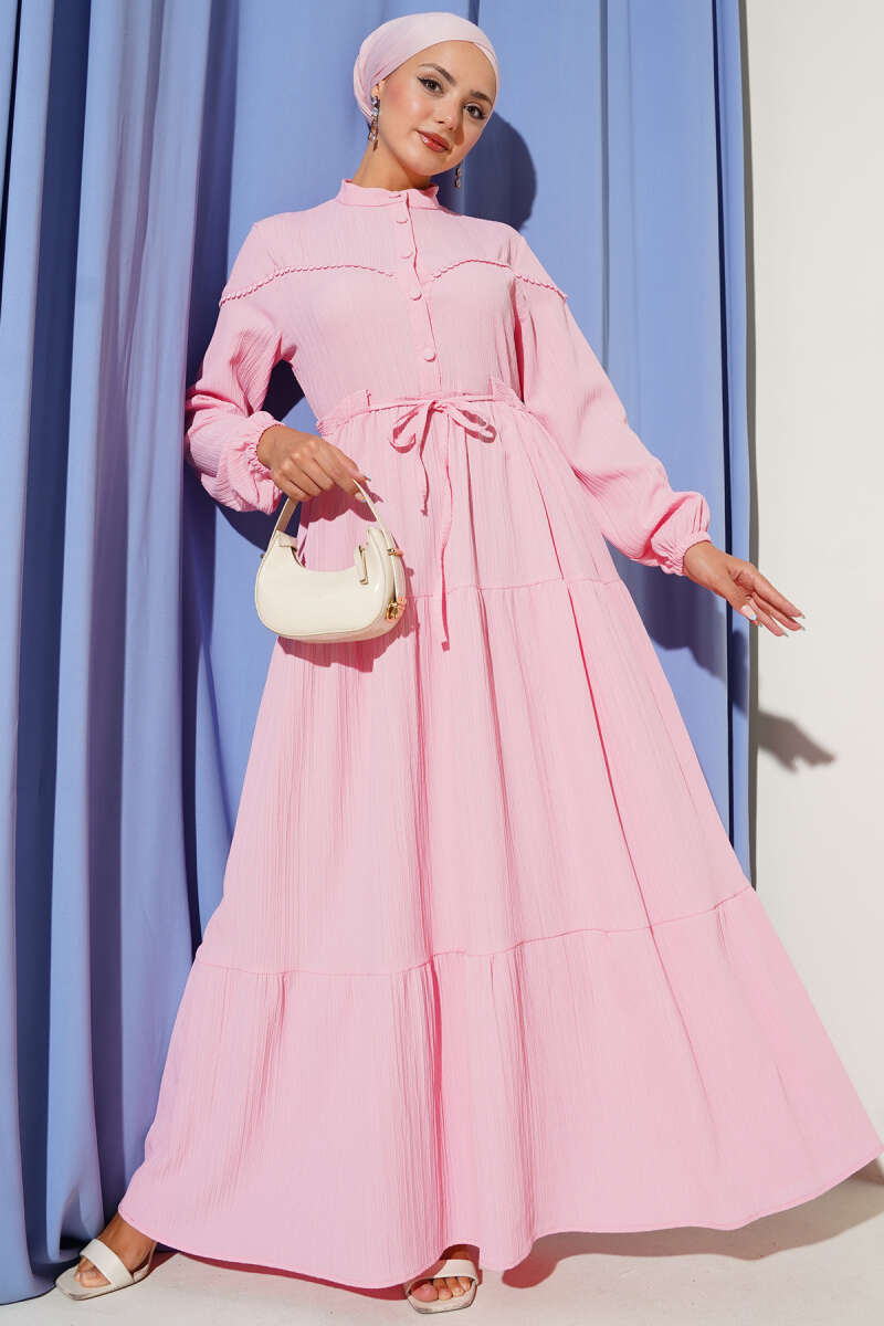Crinkle Button Dress with Drawstring Waist - Pink