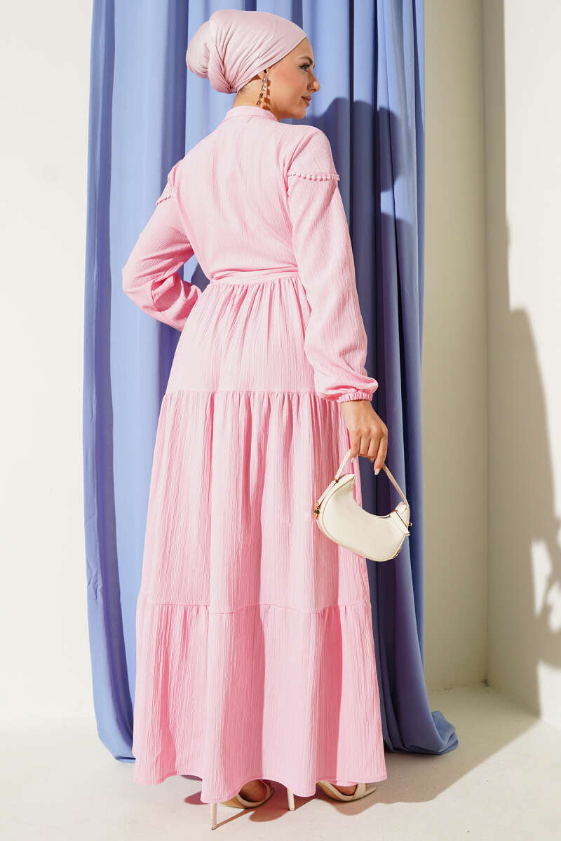 Crinkle Button Dress with Drawstring Waist - Pink