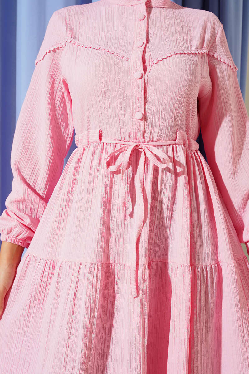 Crinkle Button Dress with Drawstring Waist - Pink
