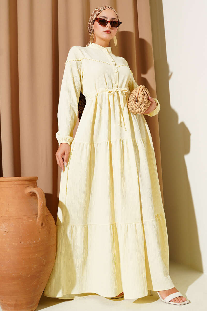 Crinkle Button Dress with Drawstring Waist - Yellow