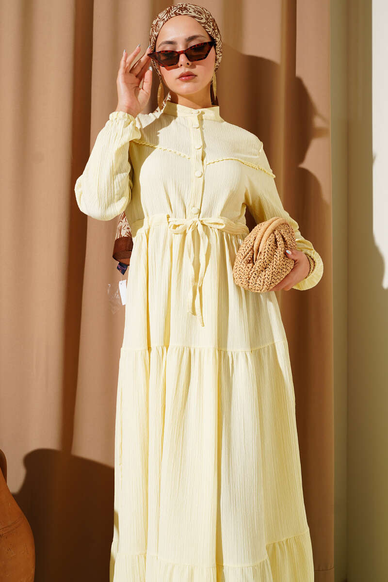Crinkle Button Dress with Drawstring Waist - Yellow