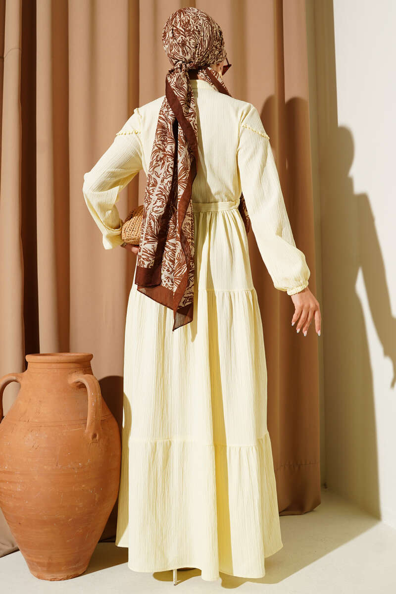 Crinkle Button Dress with Drawstring Waist - Yellow
