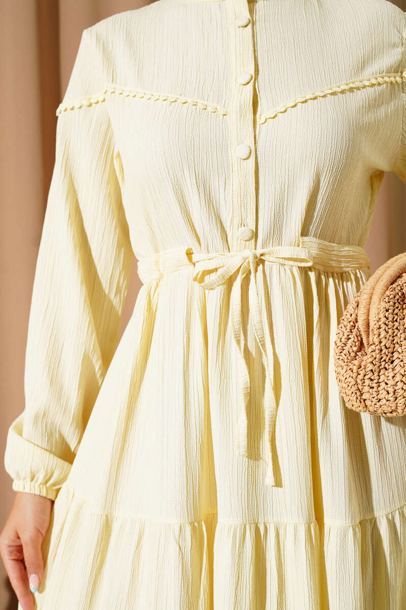 Crinkle Button Dress with Drawstring Waist - Yellow