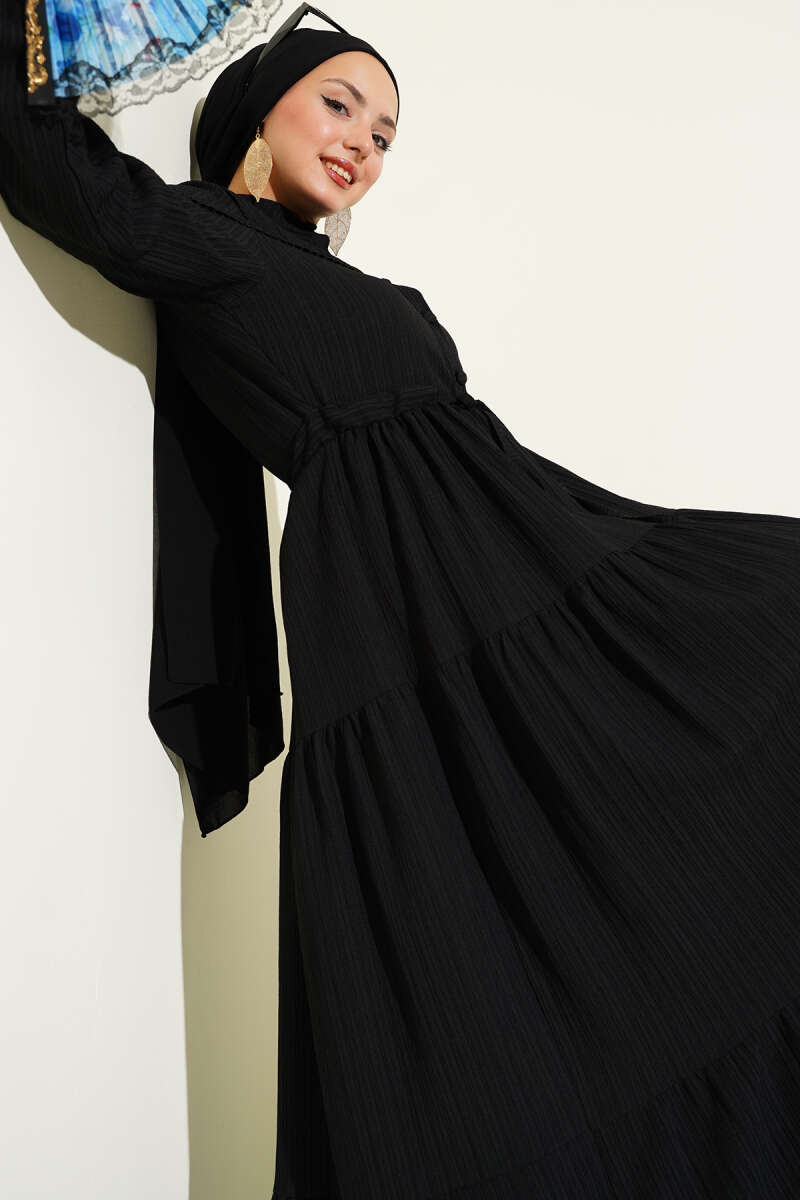 Crinkle Button Dress with Drawstring Waist - Black
