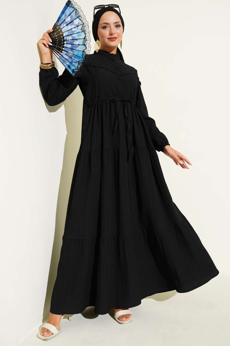 Crinkle Button Dress with Drawstring Waist - Black