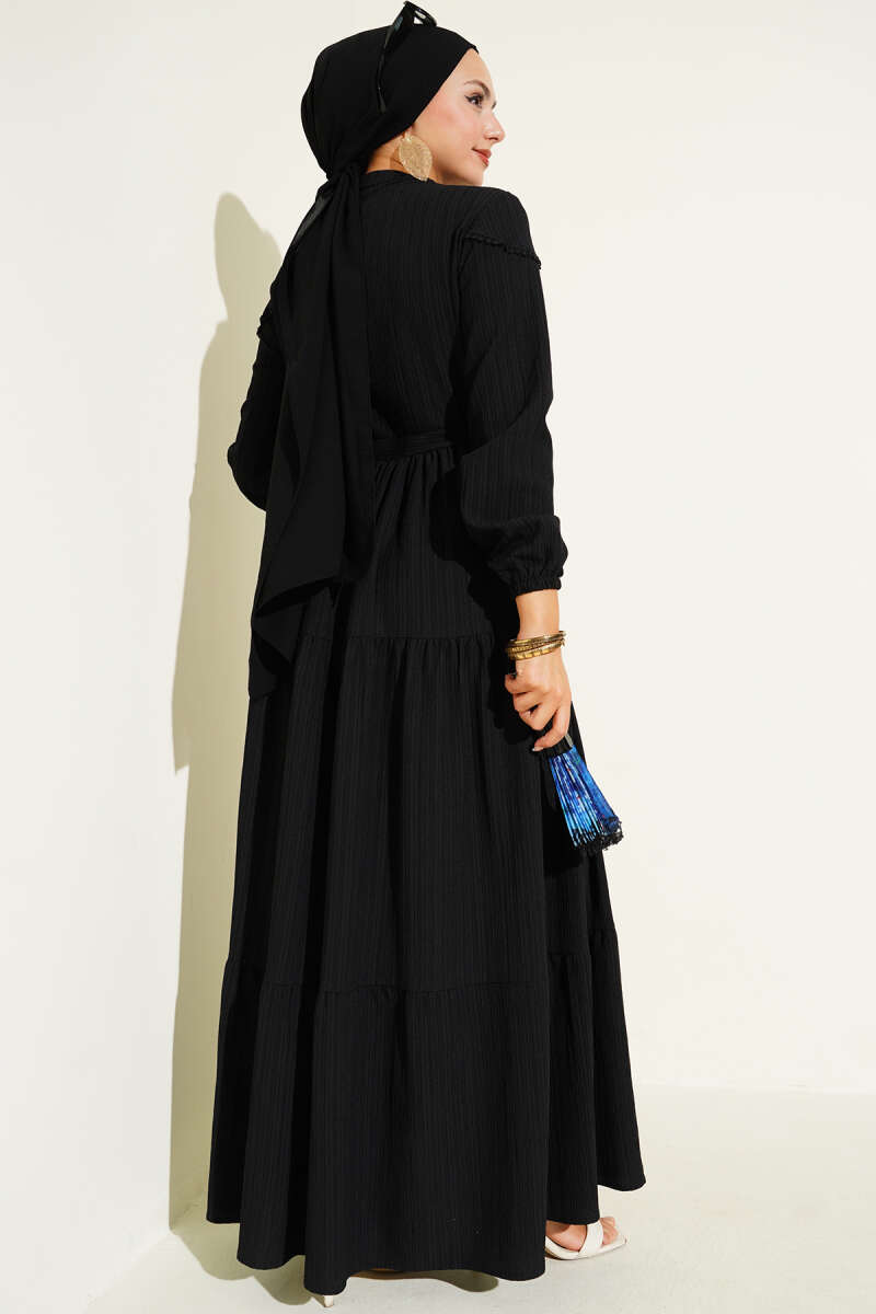 Crinkle Button Dress with Drawstring Waist - Black