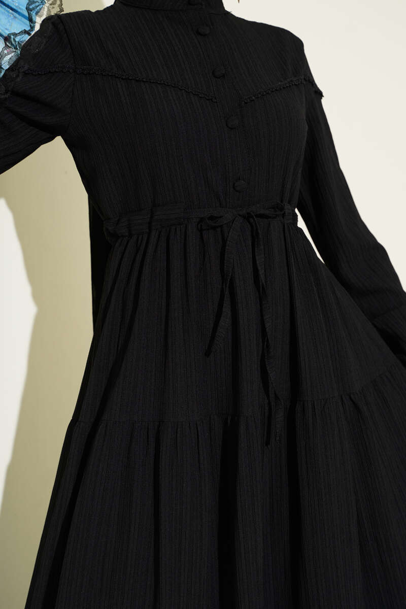 Crinkle Button Dress with Drawstring Waist - Black