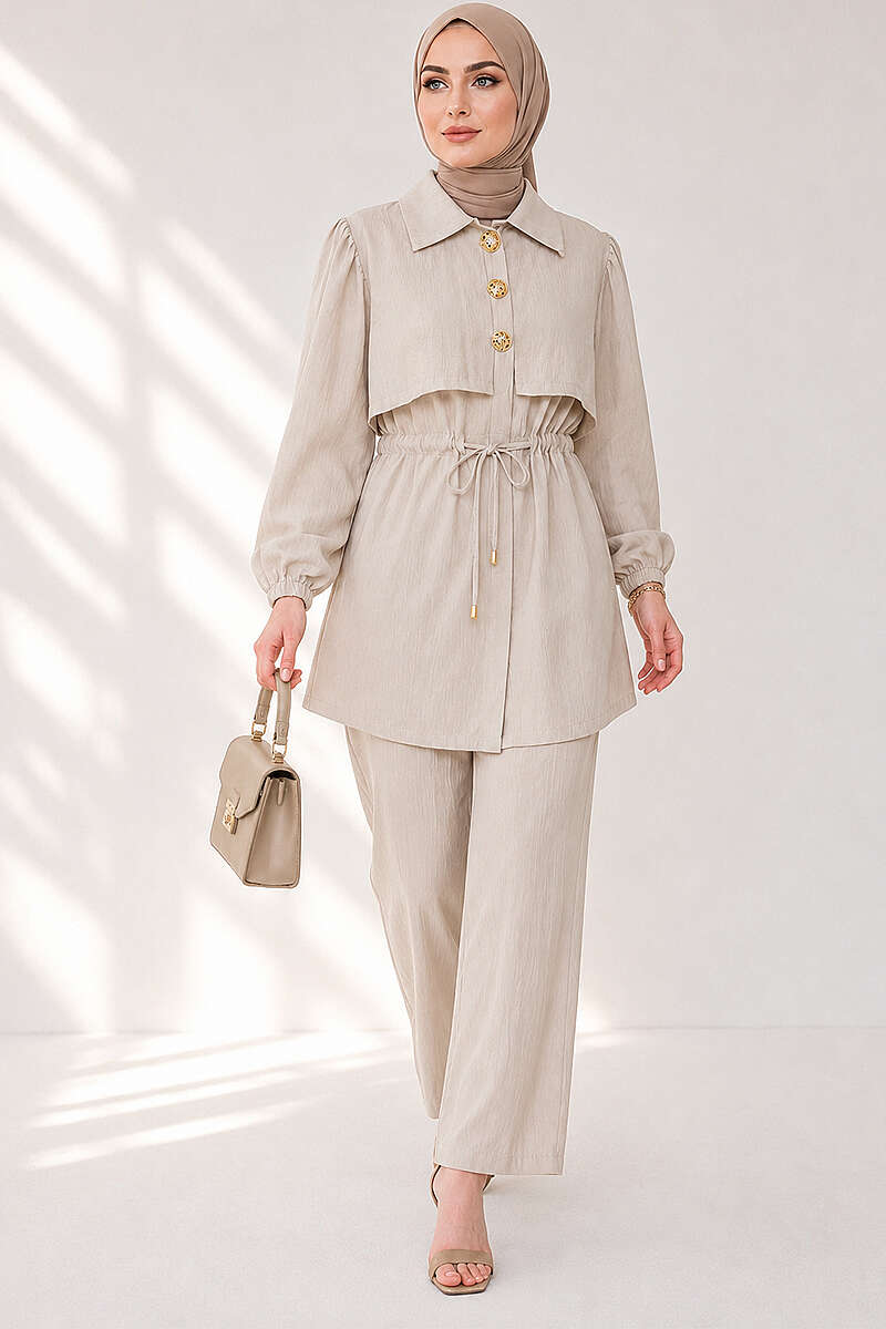 Button Two-Piece Set with Drawstring Waist - Beige