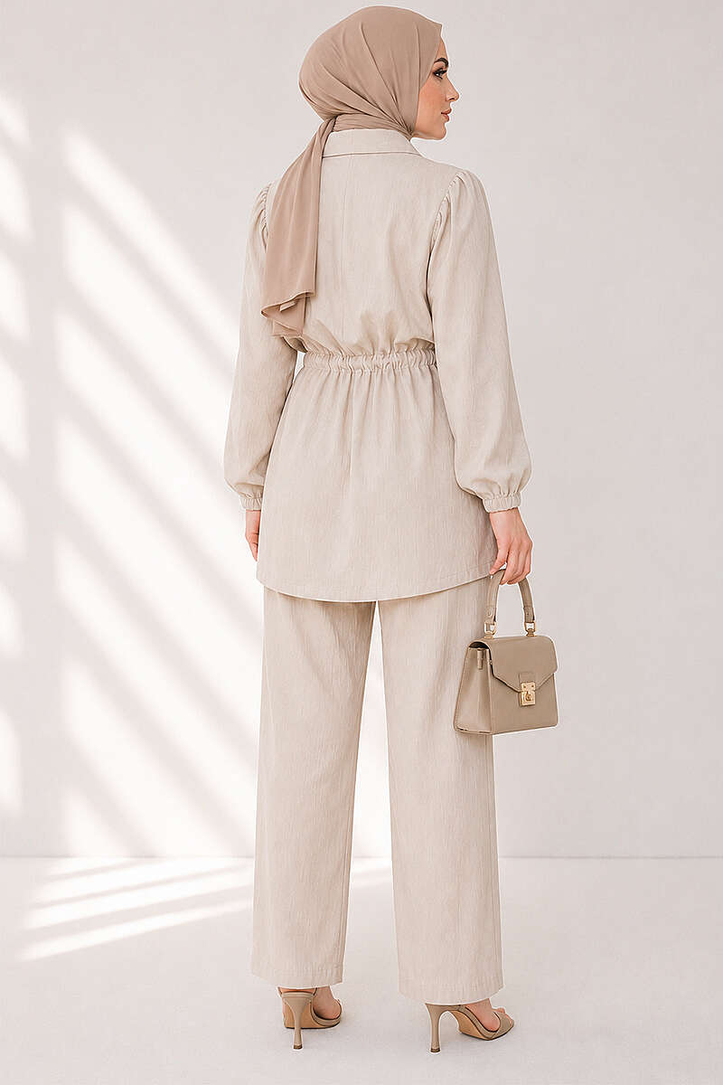 Button Two-Piece Set with Drawstring Waist - Beige