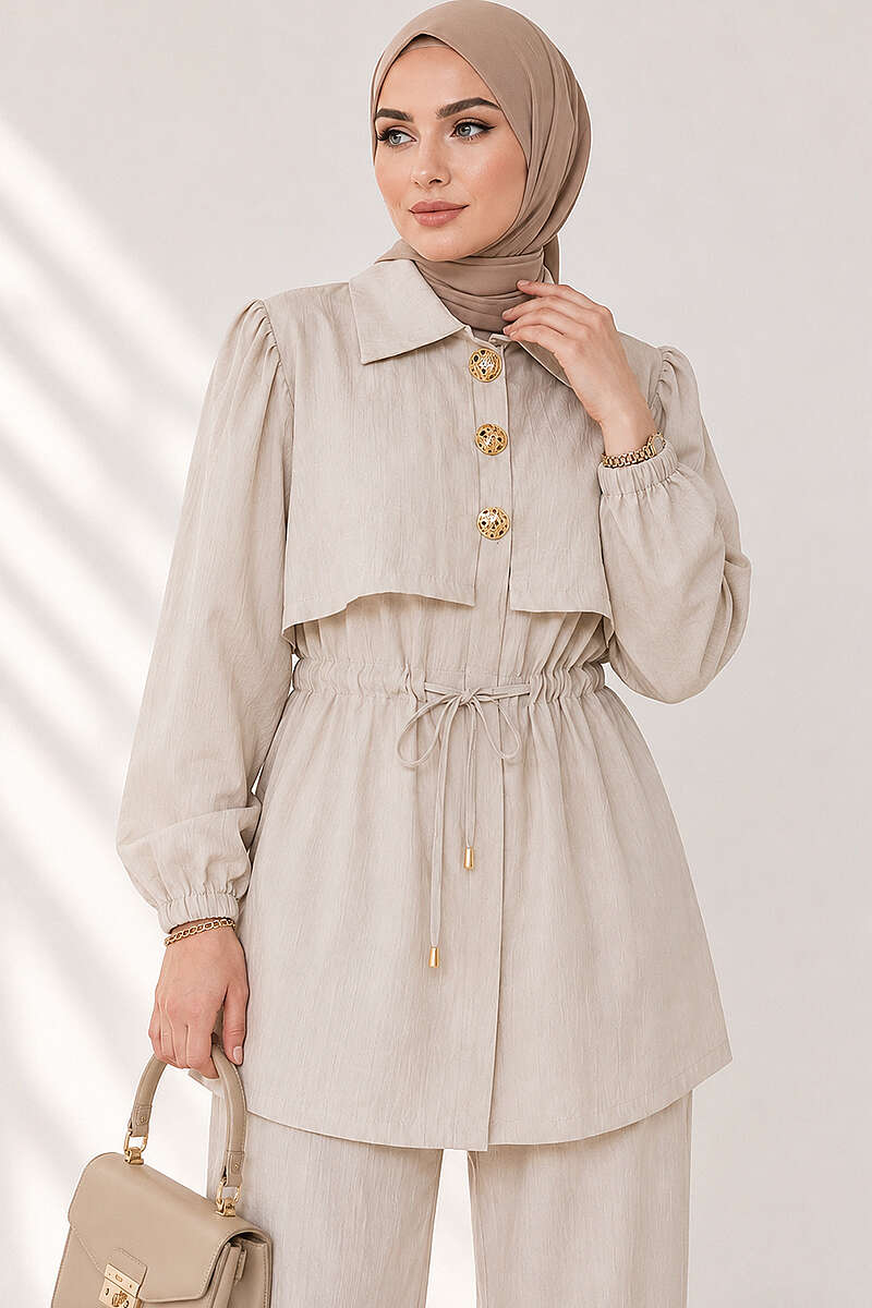 Button Two-Piece Set with Drawstring Waist - Beige